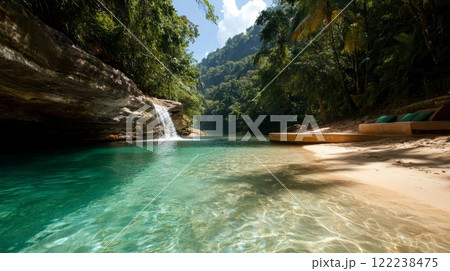 Tranquil tropical waterfall and pristine beach in a lush forest setting Tranquil tropical waterfall and pristine beach in a lush forest setting 122238475