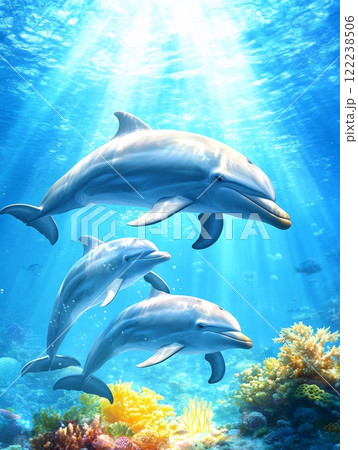 Three dolphins swim gracefully in a vibrant coral reef, bathed in sunlight filtering through the ocean's surface Three dolphins swim gracefully in a vibrant coral reef, bathed in sunlight filtering through the ocean's surface 122238506