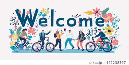 Welcome banner with diverse people on bicycles and enjoying leisure time, surrounded by blooming flowers 122238567