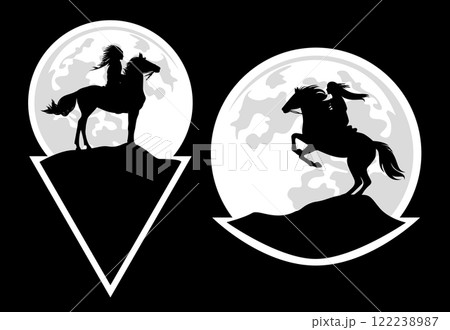 native american man and woman riding rearing up horse black vector silhouette against full moon native american man and woman riding rearing up horse black vector silhouette against full moon 122238987