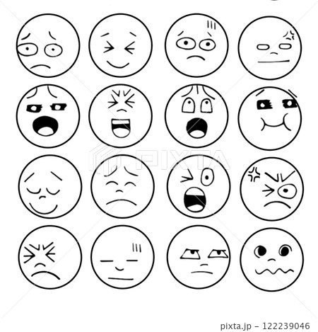 Emotional expressions in various cartoon faces, showcasing range of feelings Emotional expressions in various cartoon faces, showcasing range of feelings 122239046