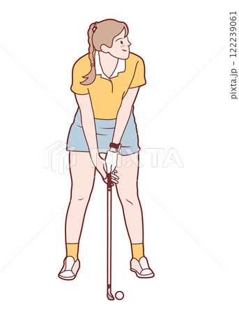 girl preparing to swing golf club, wearing yellow shirt and blue shorts 122239061