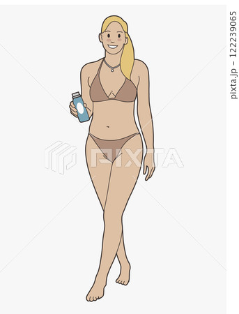 confident woman in bikini holding water bottle, enjoying summer vibes 122239065