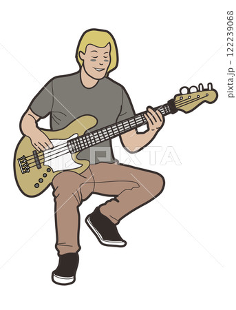young man playing bass guitar with relaxed expression young man playing bass guitar with relaxed expression 122239068