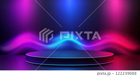 Abstract podium with glowing neon lights and sound waves for product presentation background. Abstract podium with glowing neon lights and sound waves for product presentation background. 122239088
