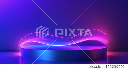 Abstract podium with glowing neon lights and sound waves for product presentation background. Abstract podium with glowing neon lights and sound waves for product presentation background. 122239092