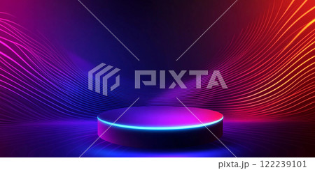 Abstract podium with glowing neon lights and sound waves for product presentation background. Abstract podium with glowing neon lights and sound waves for product presentation background. 122239101