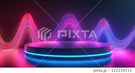 Abstract podium with glowing neon lights and sound waves for product presentation background. 122239115