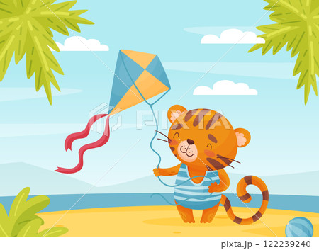 Cute Tiger Animal Enjoy Summer Flying Kite at Beach Vector Illustration 122239240