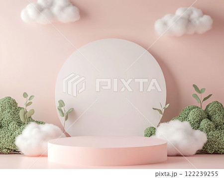 A soft beige pink podium and cloud decoration around it. 122239255