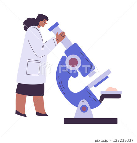 Woman Scientist Character in Coat Standing with Microscope Vector Illustration 122239337