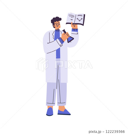 Man Scientist Character in Coat Standing with Book Vector Illustration 122239366