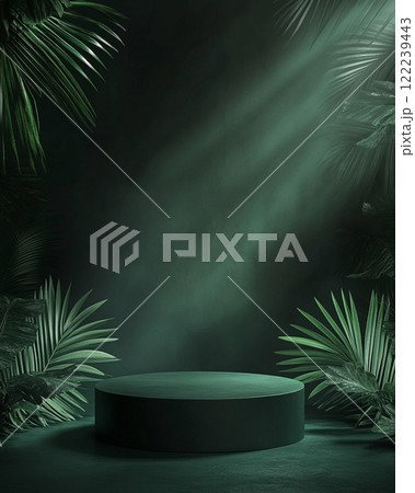 A minimalist podium with green plants on the sides, set against a dark background.  122239443