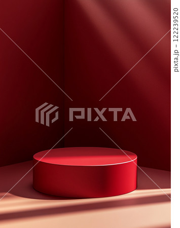 Red background, empty product display podium on red floor with dark maroon background. Simple and clean design. Red background, empty product display podium on red floor with dark maroon background. Simple and clean design. 122239520
