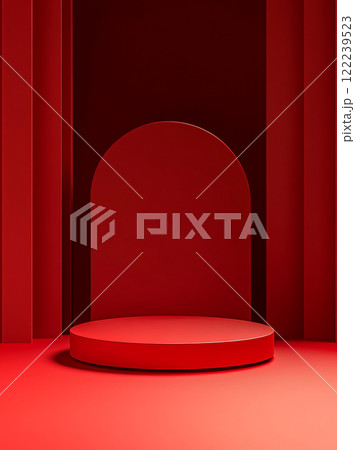 Red background, empty product display podium on red floor with dark maroon background. Simple and clean design. 122239523