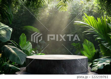 A circular stone platform is surrounded by lush, dense tropical foliage with various green leaves and some pink flowers, set in a misty, jungle-like environment. A circular stone platform is surrounded by lush, dense tropical foliage with various green leaves and some pink flowers, set in a misty, jungle-like environment. 122239761