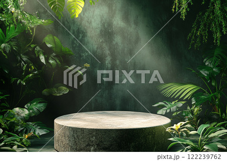 A circular stone platform is surrounded by lush, dense tropical foliage with various green leaves and some pink flowers, set in a misty, jungle-like environment. 122239762