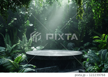 A circular stone platform is surrounded by lush, dense tropical foliage with various green leaves and some pink flowers, set in a misty, jungle-like environment. 122239768