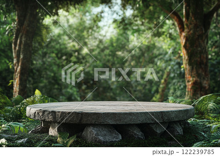 A circular stone platform is surrounded by lush, dense tropical foliage with various green leaves and some pink flowers, set in a misty, jungle-like environment. A circular stone platform is surrounded by lush, dense tropical foliage with various green leaves and some pink flowers, set in a misty, jungle-like environment. 122239785
