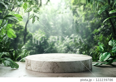 A circular stone platform is surrounded by lush, dense tropical foliage with various green leaves and some pink flowers, set in a misty, jungle-like environment. 122239786