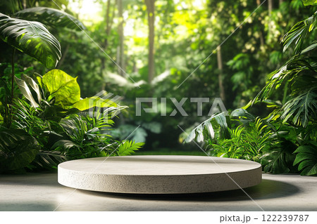 A circular stone platform is surrounded by lush, dense tropical foliage with various green leaves and some pink flowers, set in a misty, jungle-like environment. A circular stone platform is surrounded by lush, dense tropical foliage with various green leaves and some pink flowers, set in a misty, jungle-like environment. 122239787