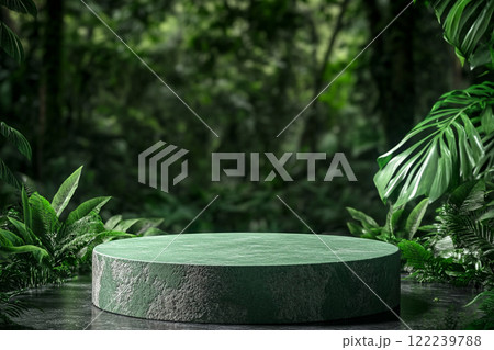 A circular stone platform is surrounded by lush, dense tropical foliage with various green leaves and some pink flowers, set in a misty, jungle-like environment. 122239788
