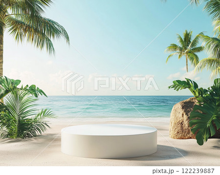 A serene beach scene with trees framing a circular white platform, surrounded by sand and tropical plants, with the ocean in the background. A serene beach scene with trees framing a circular white platform, surrounded by sand and tropical plants, with the ocean in the background. 122239887