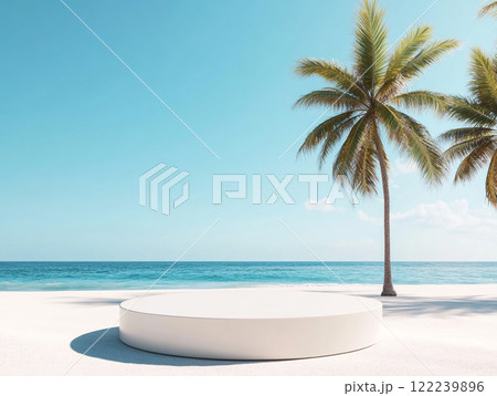 A serene beach scene with trees framing a circular white platform, surrounded by sand and tropical plants, with the ocean in the background. A serene beach scene with trees framing a circular white platform, surrounded by sand and tropical plants, with the ocean in the background. 122239896