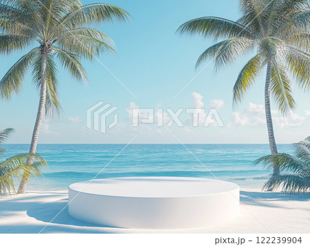 A serene beach scene with trees framing a circular white platform, surrounded by sand and tropical plants, with the ocean in the background. 122239904
