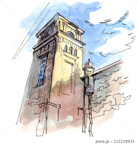 Painted watercolor landscape with a building in the foreground Painted watercolor landscape with a building in the foreground 122239931