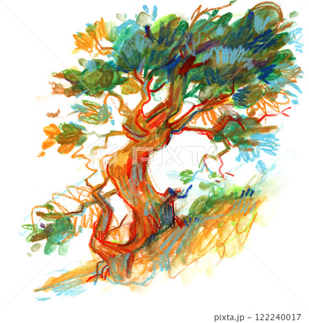 Hand-drawn colorful image of a lone tree 122240017