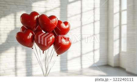 Close-up of many red heart-Close-up of many red heart-shaped balloons against a backdrop of a home interior. Valentine's Day concept 122240111