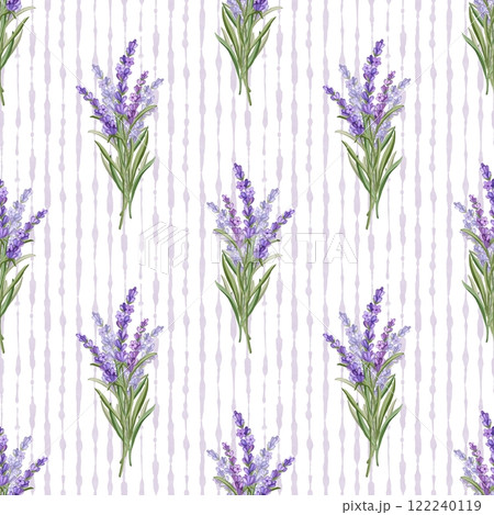 Seamless pattern of lavender flowers. Hand drawn illustration for wallpaper, textiles, packaging paper. 122240119