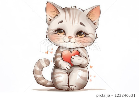 Ai generated Cute funny Cartoon happy gray kitten holding red heart 122240331