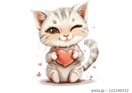 Ai generated Cute funny Cartoon happy gray kitten holding red heart 122240332