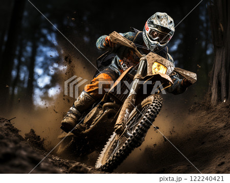 A dirt bike motorcycle is being ridden on a muddy off road. 122240421