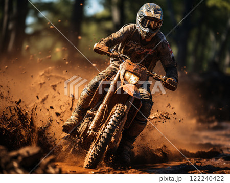 A dirt bike motorcycle is being ridden on a muddy off road. 122240422