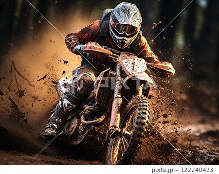 A dirt bike motorcycle is being ridden on a muddy off road. A dirt bike motorcycle is being ridden on a muddy off road. 122240423