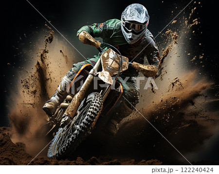 A dirt bike motorcycle is being ridden on a muddy off road. 122240424