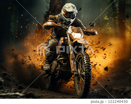 A dirt bike motorcycle is being ridden on a muddy off road. A dirt bike motorcycle is being ridden on a muddy off road. 122240430