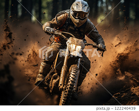 A dirt bike motorcycle is being ridden on a muddy off road. A dirt bike motorcycle is being ridden on a muddy off road. 122240439