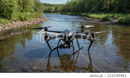 【16:9版】ドローン画像　河川で水位を測定するドローン　4本アーム　黒 122240461