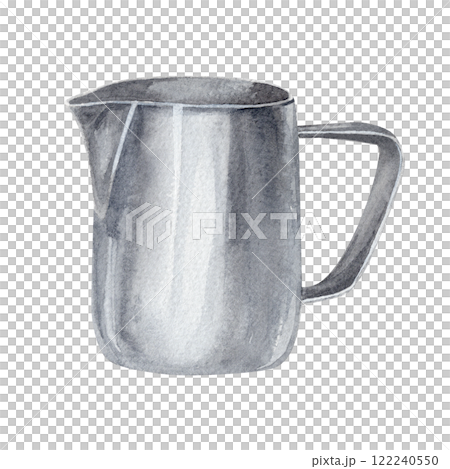 Watercolor illustration with stainless steel milk frothing pitcher for whipping milk foam Watercolor illustration with stainless steel milk frothing pitcher for whipping milk foam 122240550