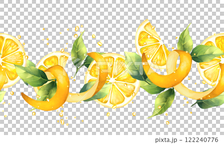 Hand-drawn pattern, seamless fruit border of lemons and leaves. Hand-drawn pattern, seamless fruit border of lemons and leaves. 122240776