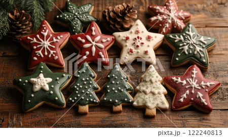 A beautifully arranged set of Christmas cookies shaped like stars, trees, and snowflakes. 122240813