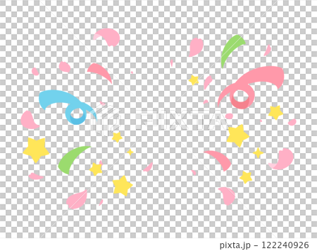 背景插圖，帶有綻放的櫻花花瓣、絲帶和星星 122240926