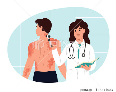 The doctor examines the patient's skin diseases using a dermoscope. Dermatological skin disease. Vector illustration in flat style 122241083
