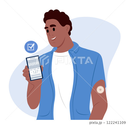 National diabetes awareness month. Young smiling African American man with diabetes checks monitor blood sugar level with glucose sensor and mobile phone. Person uses a mobile app for diabetics. 122241109