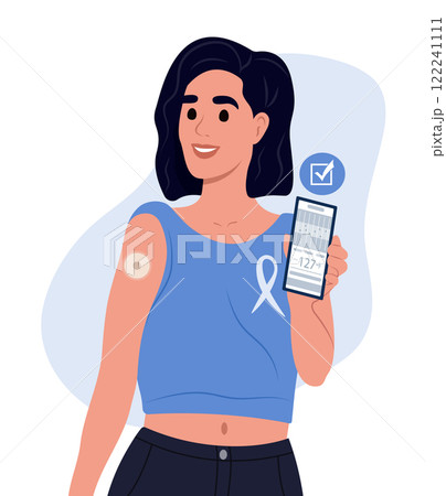 Woman with diabetes checks monitor blood sugar level with glucose sensor and mobile phone. A woman uses a mobile app for diabetics. National diabetes awareness month. 122241111