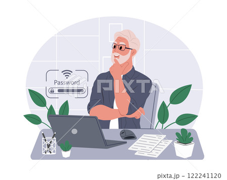 An elderly man uses a laptop to connect to Wi-Fi. Vector flat illustration isolated on white background An elderly man uses a laptop to connect to Wi-Fi. Vector flat illustration isolated on white background 122241120